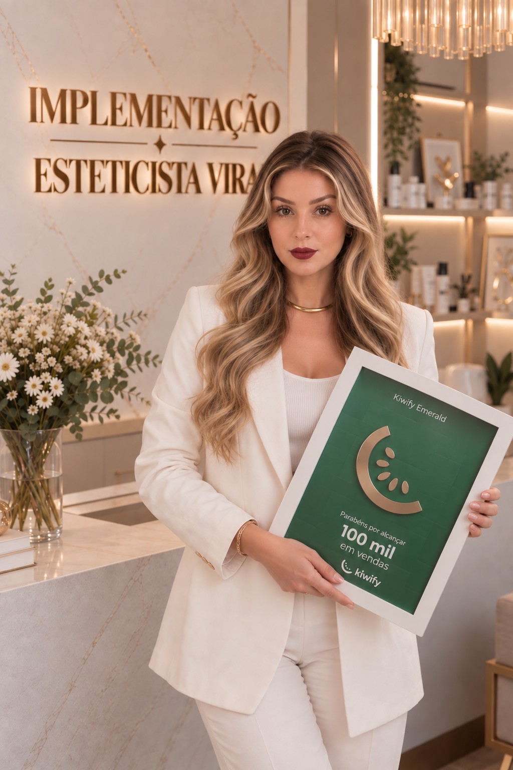 Viviane Moreno segurando placa dos +R$100 mil faturados no digital